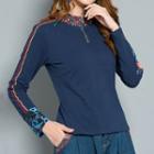 Long-sleeve Embroidered Half-zip T-shirt