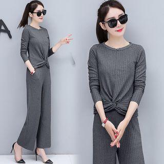 Set: Plain Knit Top + Crop Wide Leg Pants