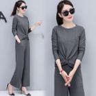 Set: Plain Knit Top + Crop Wide Leg Pants