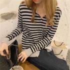 Long-sleeve Striped Button Knit Top Stripes - Black & Gray - One Size