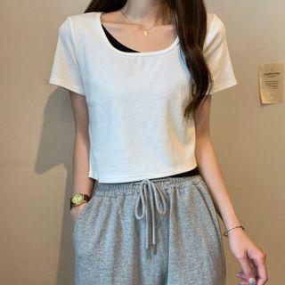 Mock Two-piece Short-sleeve Square-neck Crop Top
