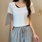Mock Two-piece Short-sleeve Square-neck Crop Top
