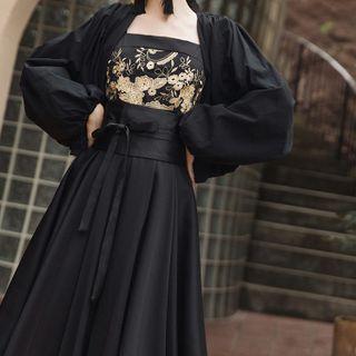 Set: Spaghetti Strap Floral Embroidered Midi A-line Dress + Waist Belt + Open-front Jacket
