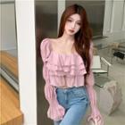 Bell-sleeve Ruffled Tiered Cropped Blouse