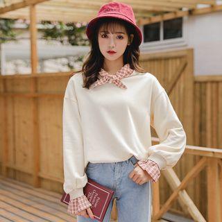 Mock Two-piece Plaid Paneled Sweatshirt Almond - One Size
