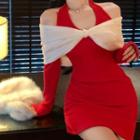 Set: Cold-shoulder Knit Mini Bodycon Dress + Shrug Red - One Size