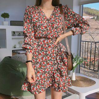 Surplice-wrap Frilled-hem Floral Dress
