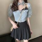 Short-sleeve Denim Jacket / Mini A-line Pleated Skirt