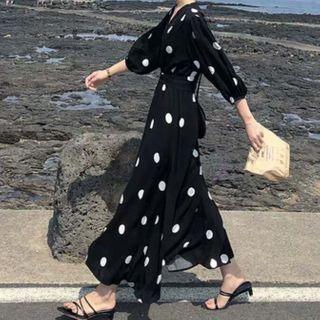 Long Sleeve V-neck Dotted Print Maxi Chiffon Dress
