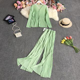 Set: V-neck Pleated Blouse + Wide-leg Pants