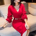 V-neck Slit Detail Long-sleeve Sheath Dress