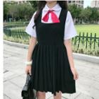 Short-sleeve Ribbon Shirt / Sleeveless Pleated A-line Mini Dress