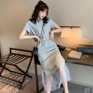 Set: Short-sleeve Hoodie + Midi Mesh Panel Skirt Gray - One Size