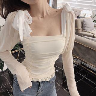 Bow-accent Long-sleeve Slim-fit Blouse
