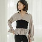 Mock Two-piece Long-sleeve Peplum Top As Shown In Figure - One Size