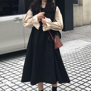 Frill Collar Blouse / Midi A-line Pinafore Dress