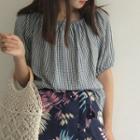 Gingham Elbow-sleeve Off-shoulder Blouse