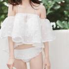 Set: Ruffled Lace Bikini Top + Bottom + Off-shoulder Cover-up Top