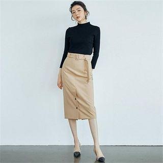 Button-front Midi Skirt Belt