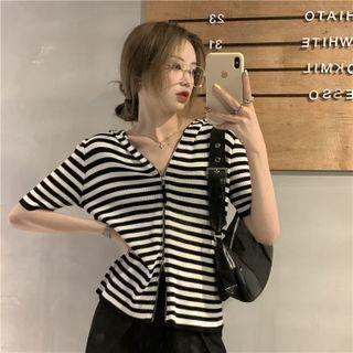 Short-sleeve Hooded Zip-up Cardigan