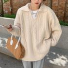 Long-sleeve V-neck Plain Cable Knit Sweater