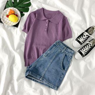 Short-sleeve Polo Knit Top / High-waist Denim Shorts