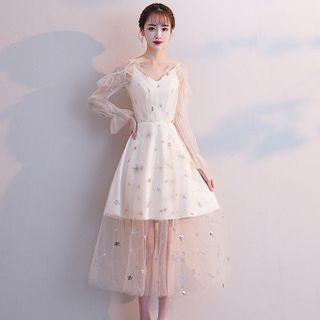 Spaghetti Strap Star Embroidered Sequined Cocktail Dress / Long-sleeve Midi Dress