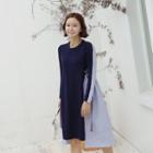 Belted Striped-panel Asymmetric-hem A-line Dress