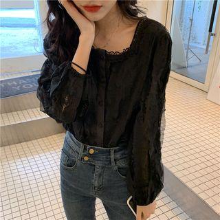Square-neck Lace Panel Buttoned Blouse