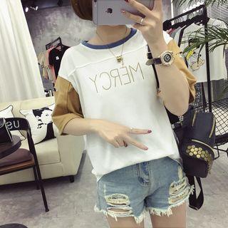 Lettering Color Panel Elbow Sleeve T-shirt
