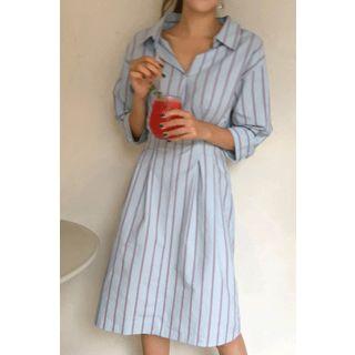 3/4-sleeve Stripe A-line Shirtdress