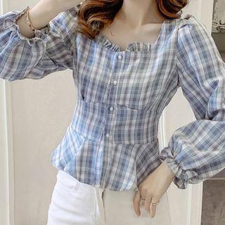 Long-sleeve Plaid Frill Trim Top