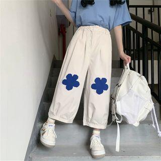 Flower Applique Plain Wide-leg Pants