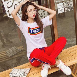 Set: Lettering Short-sleeve T-shirt + Contrast Trim Sweatpants