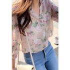 Frill-neck Floral Chiffon Blouse Beige - One Size