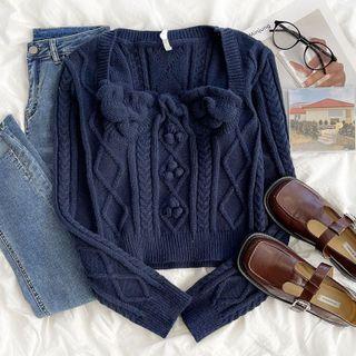 Long-sleeve Square-neck Plain Cable Knit Sweater Navy Blue - One Size