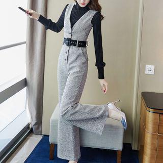 Mock-turtleneck Ribbed Knit Top / Melange Wide Leg Jumpsuit / Set