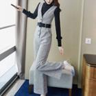 Mock-turtleneck Ribbed Knit Top / Melange Wide Leg Jumpsuit / Set