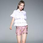Set : Tiered Short-sleeve Blouse + Embroidered Shorts