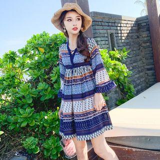 Bell-sleeve Patterned Mini Sundress