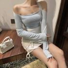 Cold-shoulder T-shirt / Spaghetti Strap Shirred Mini Bodycon Dress