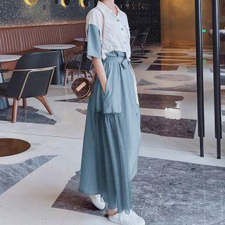 Short Sleeve Two Tone Panel Midi Shirtdress