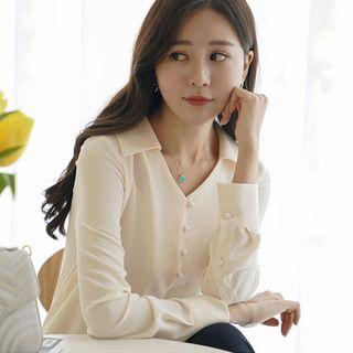 Collared V-neck Hidden-button Blouse