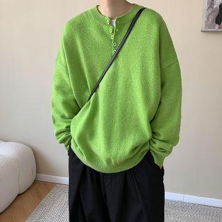 Long-sleeve Plain Henley Knit Top