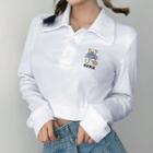 Bear Embroidered Crop Polo Shirt