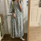 Flower Print Elbow-sleeve Maxi Shift Dress As Shown In Figure - One Size