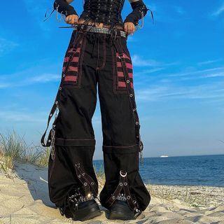 Low-rise Mesh Paneled Striped Pattern Wide-leg Pants
