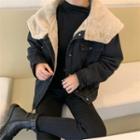 Fluffy-lined Wide-collar Denim Jacket Black - One Size