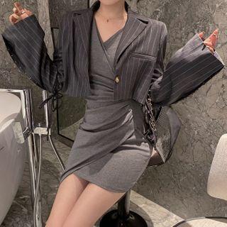 Long-sleeve V-neck Mini Bodycon Dress / Cropped One-button Striped Blazer