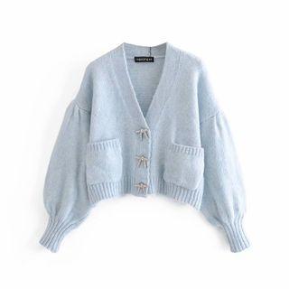 Puff Sleeve Pocket V-neck Cardigan